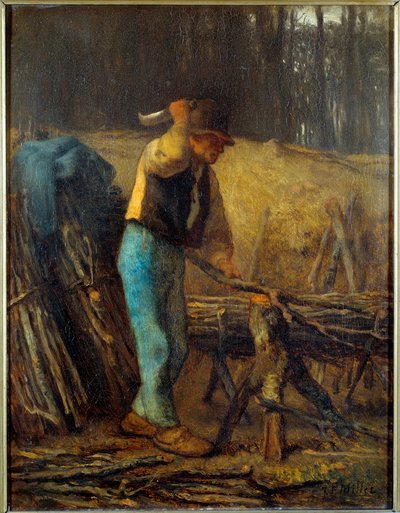 O separador de madeira Um lenhador com um facão cortando ramos de uma árvore em feixes. Pintura de Jean Francois Millet (1814-1875) Sol do século XIX. 0,38x0,29 m de Jean Francois Millet