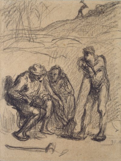Três camponeses descansando, um encostado numa pá, c1850-1851 de Jean Francois Millet