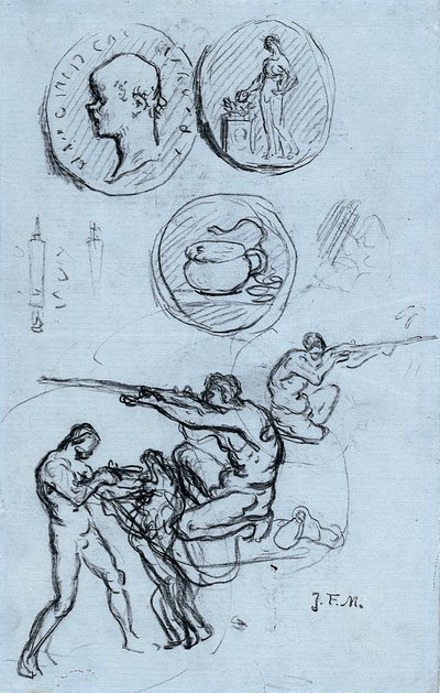 Três estudos para moedas antigas, caçadores e um homem com um leão de Jean Francois Millet