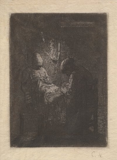 Two Women Sewing by Lamplight, ca. 1853. de Jean Francois Millet