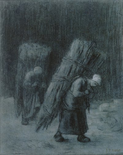 Mulher Transportadora de Galhos, c.1858 (carvão vegetal com guache branca, borda de carvão vegetal, em papel cinzento-azulado pesado) de Jean Francois Millet