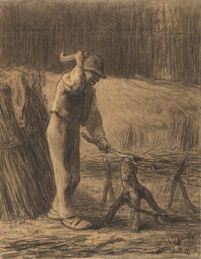 Cortador de lenha, 1853-54 (lápis de cera de conté com cunhagem em papel de colagem bege) de Jean Francois Millet