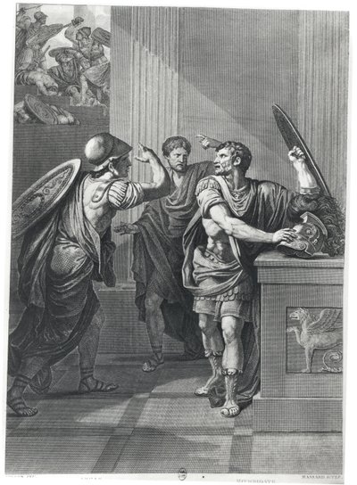 Arcan e Mithridate, ilustração de &39;Mithridate&39; por Jean Racine (1639-99) gravado por Massard de Jean François Pierre Peyron