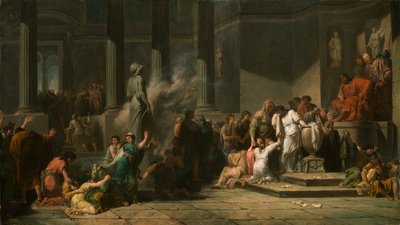 Meninas atenienses desenham lotes para determinar que sete entre elas serão enviadas a Creta para Sacrifício ao Minotauro (óleo sobre tela) de Jean François Pierre Peyron