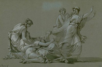 Os rapazes e moças de Atenas a serem oferecidos como vítimas de sacrifício ao Minotaur, ca 1778. de Jean François Pierre Peyron