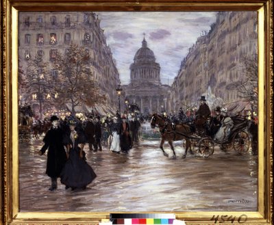 ""Boulevard Saint Michel"" Vista da Rue Soufflot e do Panteão dos Jardins de Luxemburgo e do Boulevard Saint-Michel em Paris, táxis e casais elegantes animam a rua ao anoitecer. Pintura de Jean François Raffaelli (18 de Jean Francois Raffaelli