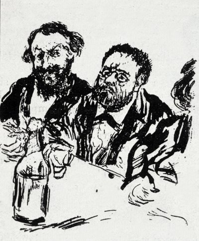 O pintor Edouard Manet (1832-1883) e o escritor Emile Zola (1840-1902) na mesa Caricatura de Jean Francois Raffaelli (1850-1924) de Jean Francois Raffaelli