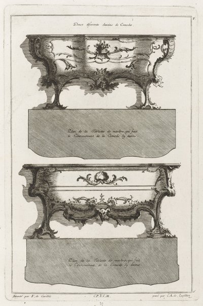 Dois designs diferentes de Comodes de Jean François Cuvilliés