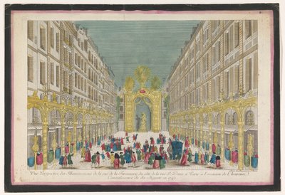Vista da decoração da Rue de la Feronnerie em Paris, por ocasião da restauração de Luís XV, Rei de França, em 1745
Vue perspective des illuminations de la Ruë de la Feronnerie du côté de la Ruë St. Denis a Paris (...) (título em o de Jean François Daumont