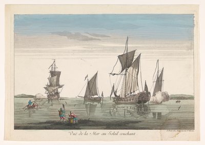 Seascape com navios e barcos ao pôr do sol Vue de la mer au soleil couchant (título no objeto) de Jean François Daumont