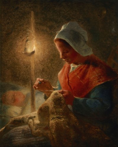 Francês: Femme coud à la lumière de la lampe Woman Sewing by Lamplight de Jean Francois Millet