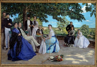 Encontro familiar: retrato de uma família burguesa francesa reunida em um jardim. Da esquerda para a direita: Jean Frederic Bazille, seu tio Monsieur des Hours, sua mãe e seu pai, sua prima Pauline e seu marido Monsieur Teulon, sua tia Madame des Hours e de Jean Frederic Bazille