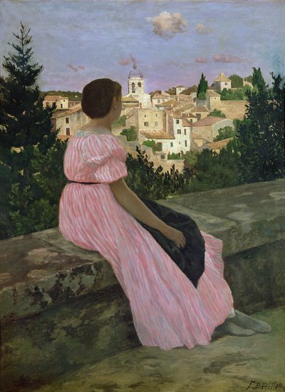 O vestido rosa, ou vista de Castelnau-le-Lez, Herault, 1864 de Jean Frederic Bazille