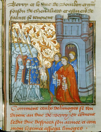 Três magistrados de Limoges, em trajes de cerimónia, entregam as chaves da cidade ao Duque de Berry ... de Jean Froissart
