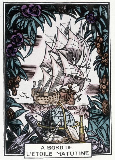 Navio no mar: Ilustração do início do século XX por Jean-Gabriel (Jean Gabriel) Daragnes (1886-1950) para o livro "A bord de l