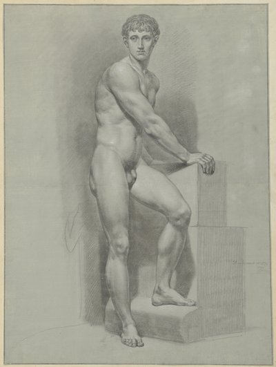 Homem nu em pé, braços sobre um bloco de Jean Grandjean
