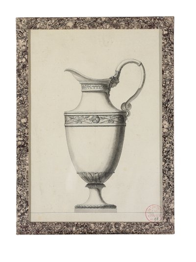 Design para um jarro com uma alça de máscara grega (chumbo preto, caneta e tinta preta, lavagem cinza e preta no papel) de Jean Guillaume Moitte