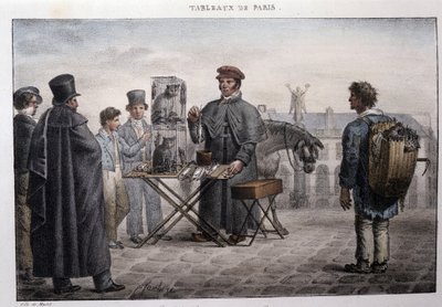 Antigo métier de rua em Paris: o mercador da morte do rato (camelot). Gravura de Jean Henry Marlet (1771-1847) em "Les Tableaux de Paris", série de 72 gravuras, finais do século XIX. de Jean Henri Marlet
