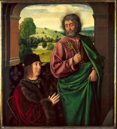 Retrato de Pierre II de Beaujeu, Duque de Bourbon (1439-1505) Apresentado por Saint Pierre Pintura de Maitre de Moulins ou Jean Hey (1450-1505). Sol 0,73 X 0,65 m de Jean Hey
