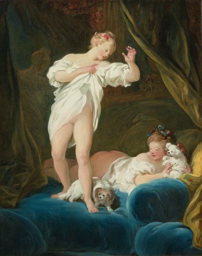 Duas raparigas numa cama a brincar com os seus cães de Jean Honore Fragonard