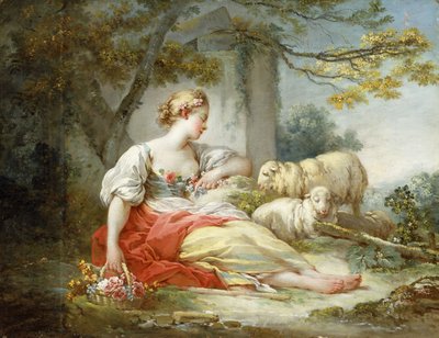 Uma pastora sentada com ovelhas e uma cesta de flores perto de uma ruína em uma paisagem arborizada, de Jean Honore Fragonard
