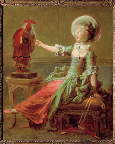 Uma rapariga diverte-se com uma estátua chinesa a puxar o cabelo. Pintura de Jean Honore Fragonard (1732-1806) Coleção particular do século XVIII de Jean Honore Fragonard