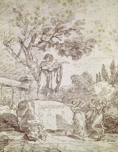 Um guitarrista italiano tocando para três meninas dançando (giz vermelho sobre papel) de Jean Honore Fragonard
