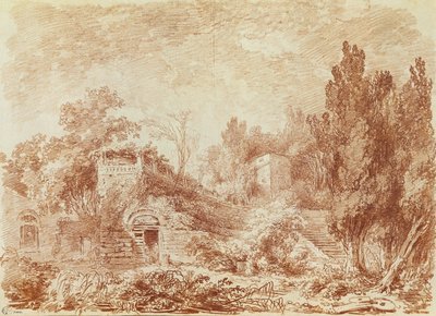 Teatro antigo, Villa de Adriano, perto de Tivoli (giz vermelho sobre papel) de Jean Honore Fragonard