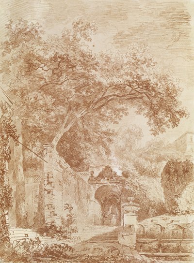 Entrada para a fontanona, Villa d&39;Este, Tivoli (giz vermelho sobre papel) de Jean Honore Fragonard