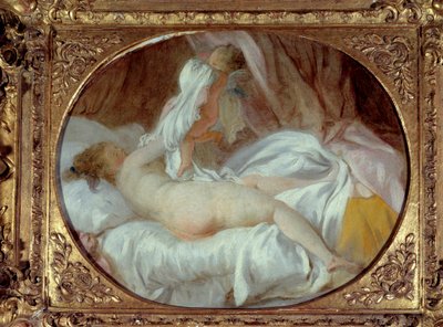 Erótica: "A camisa retirada" Uma jovem mulher que tira a camisa com a ajuda de um amor. Pintura de Jean-Honore Fragonard (1732-1806) Antes do sol de 1778. 0,35x0,42 m. de Jean Honore Fragonard