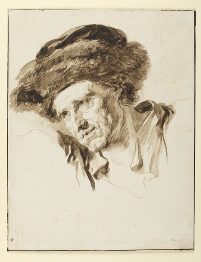 Cabeça de um homem vestindo um boné de pele, 1774 (caneta e tinta, lavagem e grafite no papel) de Jean Honore Fragonard