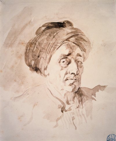 Cabeça com um turbante Drawing na lavagem por Jean Honore Fragonard (1732-1806). Besancon do século XVIII. Museu de Belas Artes de Jean Honore Fragonard
