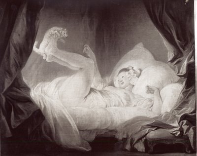 La Gimblette ou Jovem Fazendo o seu Cão Dançar na sua Cama (óleo sobre tela) (foto a p/b) de Jean Honore Fragonard