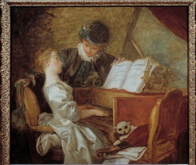 La lecon de musique Painting de Jean-Honore Fragonard (1732-1806). Sol. 1,09x1,21 m. de Jean Honore Fragonard