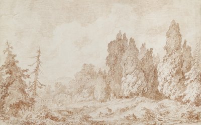 Paisagem com uma ponte, c.1760 (giz vermelho sobre papel branco) de Jean Honore Fragonard