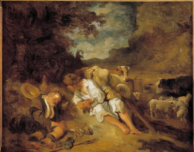 Mercúrio e Argus Charge de Juno para manter Io transformado em vaca, Argus (Argos) adormeceu. Disfarçado de pastor, Mercúrio prega para matá-lo para iludir a amada ninfa de Júpiter. Pintura de Jean Honore Fragonard (1732-1806) depois de Karel Fabritius (16 de Jean Honore Fragonard