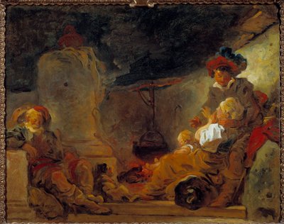 Cena nocturna chamada "A Pintura do Sonho do Mendigo" de Jean Honore Fragonard (1732-1806) Sol do século XVIII. 0,74x0,99 m de Jean Honore Fragonard