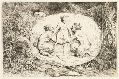 Ninfa sentada nas mãos de dois sátiros de Bacchanales, ou Jogos dos Sátiros de Jean Honore Fragonard