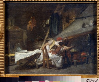 ""Pres du poele"" (No fogão) Cena em uma cozinha, perto do fogão, cozinheiros observam o cozimento de um prato em uma panela. Pintura de Jean Honore Fragonard (1732-1806). Óleo sobre tela. Rococó. Museu Pushkin, Moscou de Jean Honore Fragonard