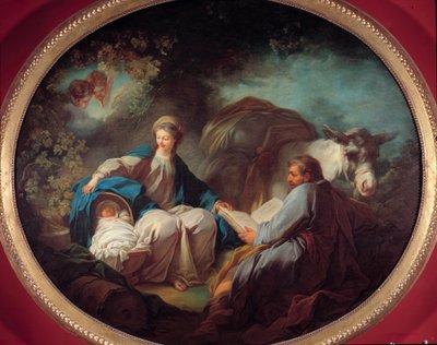 Descanso durante o vôo para o Egito A santa família descansando durante a viagem. Pintura de Jean Honore Fragonard (1732-1806) Colecção privada do século XVIII de Jean Honore Fragonard