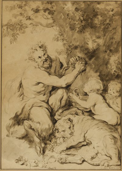 Sátiro pressionando uvas ao lado de um tigre de Jean Honore Fragonard