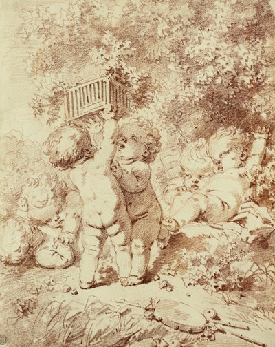 Seis Putti em jogo, dois segurando uma gaiola, de Jean Honore Fragonard