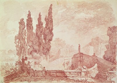 Escadaria nos jardins da Villa d&39;Este, Tivoli (giz vermelho sobre papel) de Jean Honore Fragonard