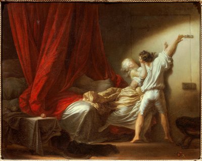 O cadeado Romantic Scene retrata um jovem que impede a sua amante de sair do quarto na cama. Pintura de Jean-Honore Fragonard (1732-1806) Século XVIII. Dim. 0,73x0,93 m. de Jean Honore Fragonard