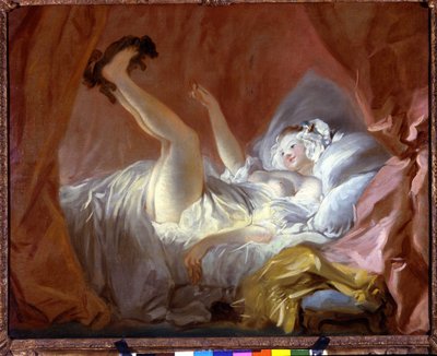 O gimblette. O gimblette é um bolo em forma de anel. A rapariga brinca deitada na cama com um cão, entregando-lhe este biscoito. Pintura de Jean Honore Fragonard (1732-1806), Paris Fond Cailleux de Jean Honore Fragonard