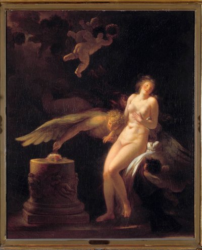 O sacrifício da rosa Uma jovem nua diante de um altar de sacrifício no qual é colocada uma rosa (sua virgindade?) e uma criatura ailee. Pintura de Jean Honore Fragonard (1732-1806). Colecção privada do século XVIII de Jean Honore Fragonard