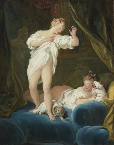 Duas meninas na cama brincando com seus cães de Jean Honore Fragonard