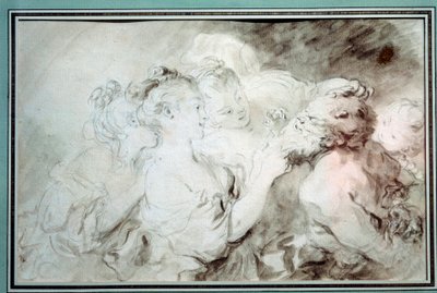Moças jovens lutando um sátiro Moças se divertindo com a barba de um sátiro. Desenho no Bistre Wash de Jean Honore Fragonard (1732-1806) Coleção Privada do século XVIII de Jean Honore Fragonard