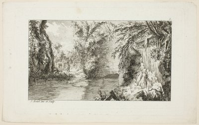 Paisagem com um caminhante e uma cascata, placa 5 da segunda suite Livre de paysages (Livro das paisagens) de Jean Hoüel
