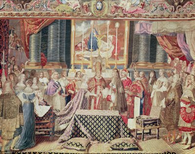 O casamento do rei (Luís XIV), de "A história do rei" de um desenho animado de Lebrun, tapeçaria dos Gobelins, tecida num tear de alta distorção (lã, seda e ouro) de Jean II Jans